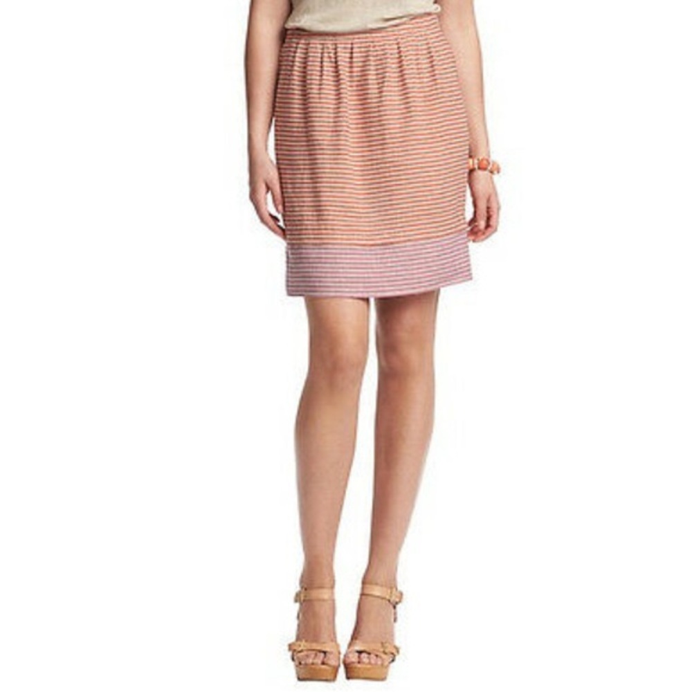 Loft Womens Tiered Linen Mini Skirt Orange Pink Stripes Pockets size 10